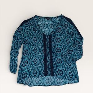 Lucky Brand Blue Teal Printed V-Neck Blouse